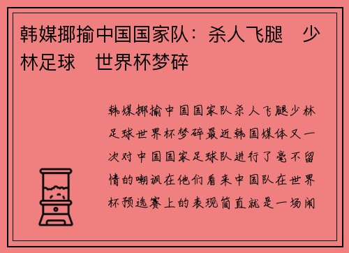 韩媒揶揄中国国家队：杀人飞腿　少林足球　世界杯梦碎